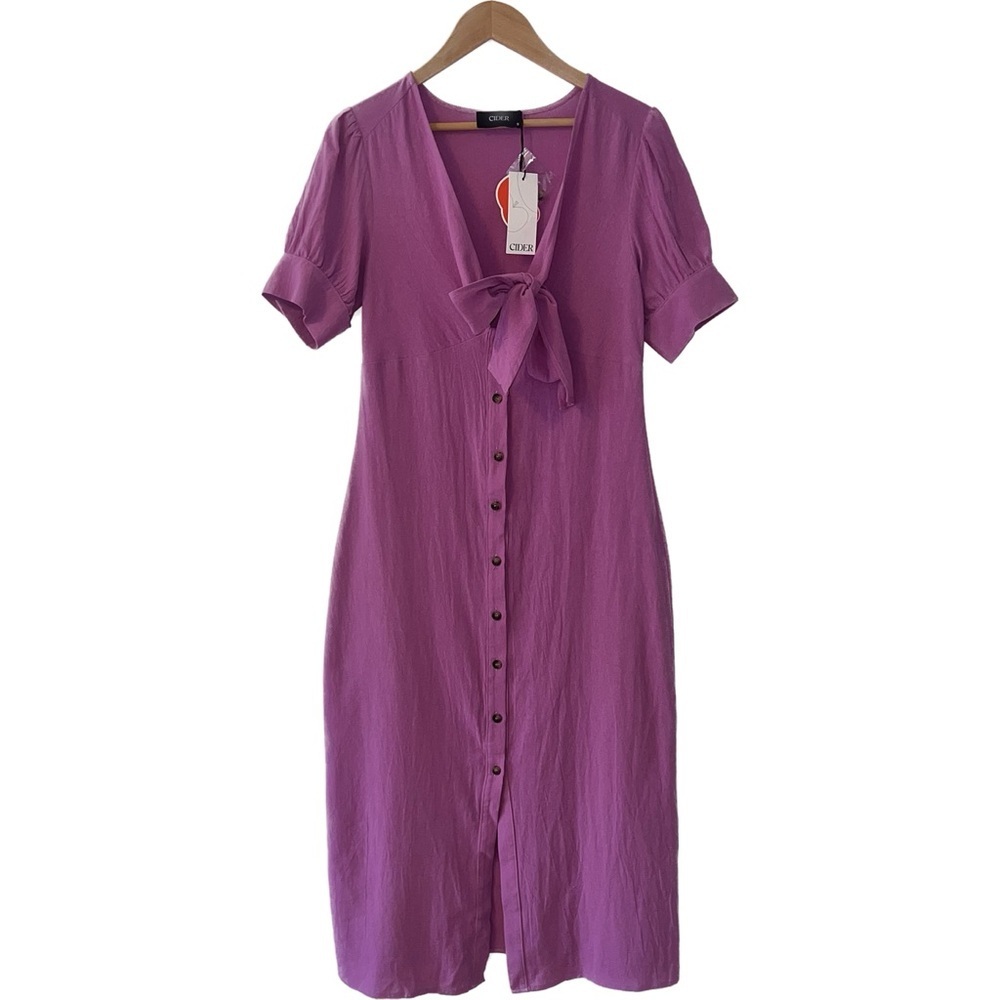 NEW Cider Purple Cotton Button Tie Front Lightweight Summer Midi Dress Small